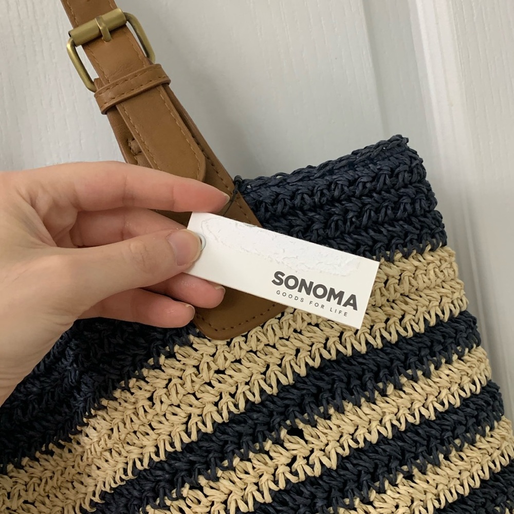 Navy Blue and Cream Striped Woven Straw Tote Bag - Picture 8 of 17